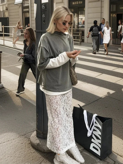 Fashion White Lace Skirts for Women Clothing New Summer Korean Gentle Hollow Jacquard Long Skirts Female Sexy Split Skirts 2024