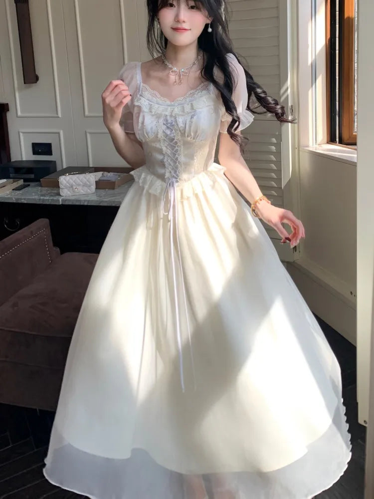 Elegant Princess Birthday Party Dress Puff Sleeve Lace-up A-line Midi Dresses for Women Square Collar Prom Robe Vestidos Mujer