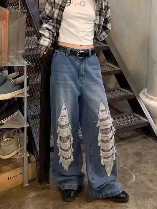 Jeans With Contrasting Plaid Holes And Splicing High-Waisted Women'S Summer American High Street Loose Slimming Wide-Leg Pants