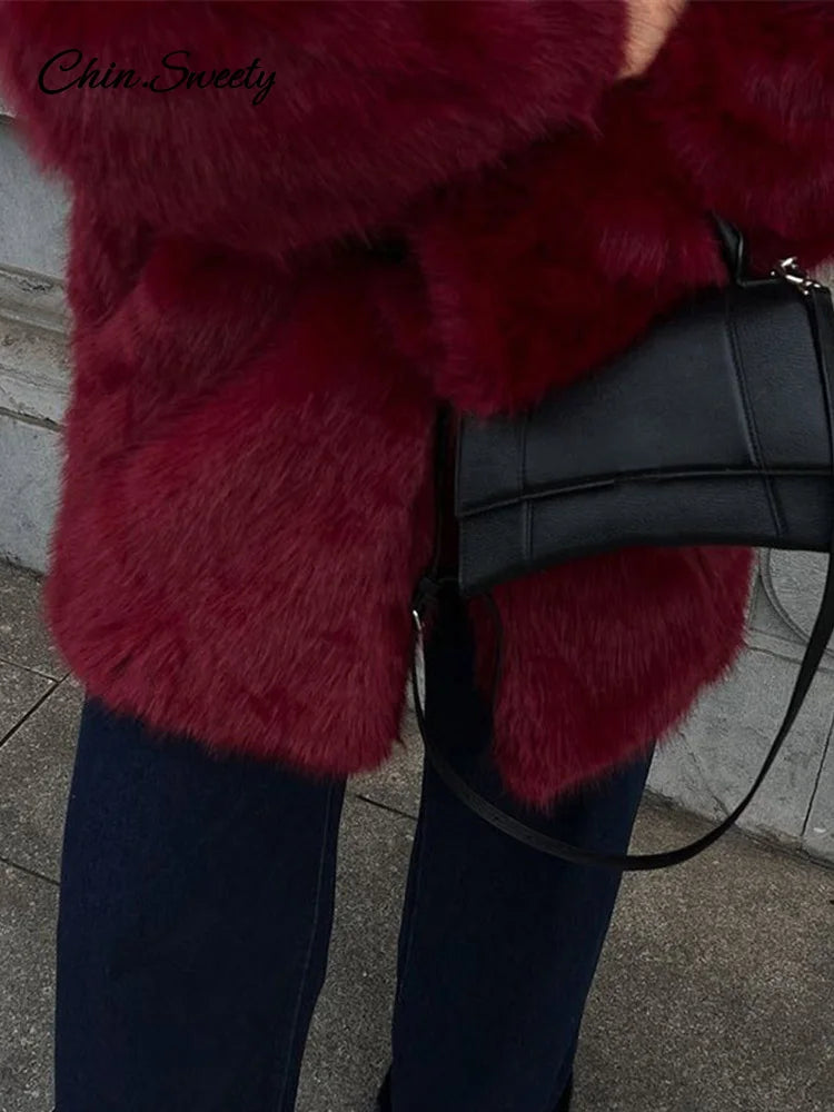 Luxury Women’s Red Faux Fur Long Overcoat Fleece Thick Warm Full Sleeve Lapel Cardigan Coat  Winter Fashion Loose Outerwear
