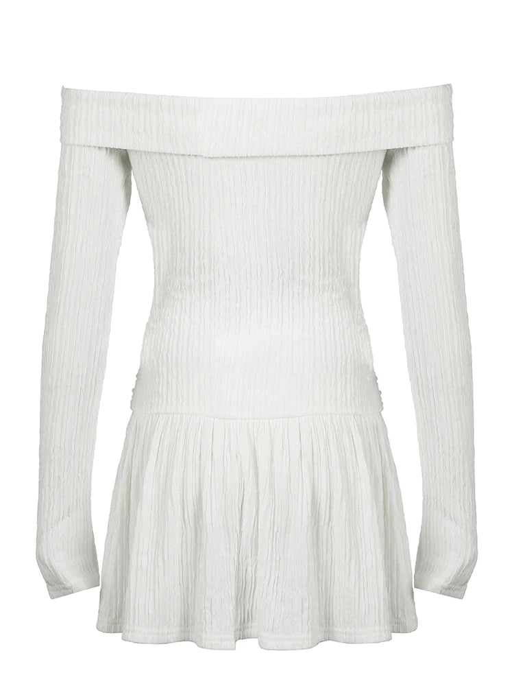 Korean Fashion Slash Neck Elegant Long Sleeve A Line White Dress Women Shirring Slim Waist Simple Sweet Japanese Clothing