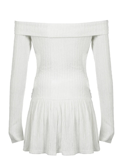 Korean Fashion Slash Neck Elegant Long Sleeve A Line White Dress Women Shirring Slim Waist Simple Sweet Japanese Clothing