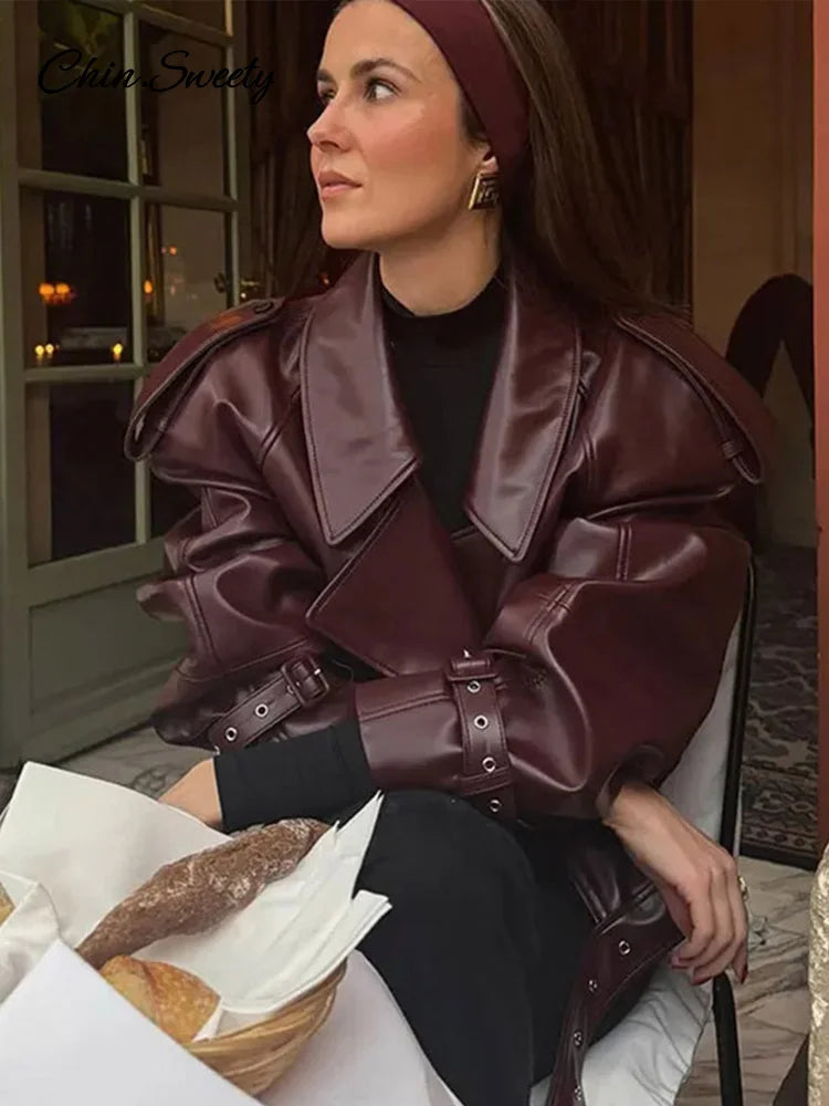 Casual Leather Short Leather Jacket With Belt Lapel Long Sleeved Cropped Coat  New Fashion Lady Street Party New Outwears _