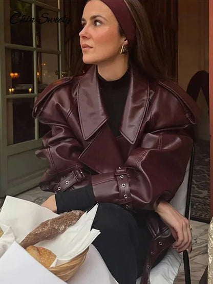 Casual Leather Short Leather Jacket With Belt Lapel Long Sleeved Cropped Coat  New Fashion Lady Street Party New Outwears _
