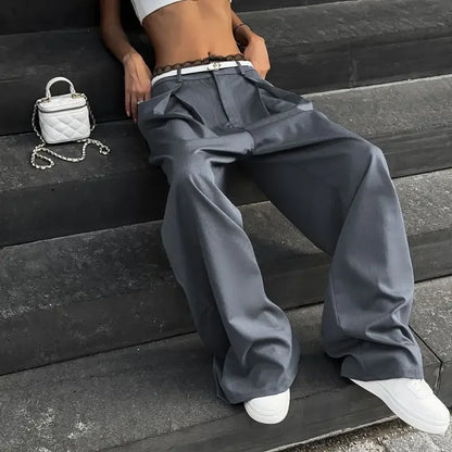 Y2k Lace Patchwork Waist Pants Women Baggy Casual Korean Fashion Office Oversize Trousers Basic Old Money Pantalones