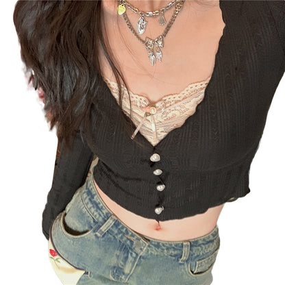 y2k Crop Top Sweet Aesthetic Clothes Lace Patchwork Long Sleeve T Shirt with Bow Decor 2000s Clothing Streetwear