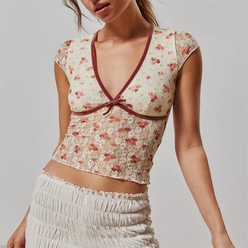 Sheer Crop Top 2000s See Through V Neck Sleeveless Floral Lace Tanks Slim Fit Vest y2k Aesthetic Clothing