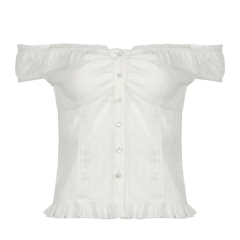 Voguable French Style Button-up Tank Top Chic Elegant Ruched Lace Stitching Slash Neck Camisole Cute Slim-fit Vest Y2K