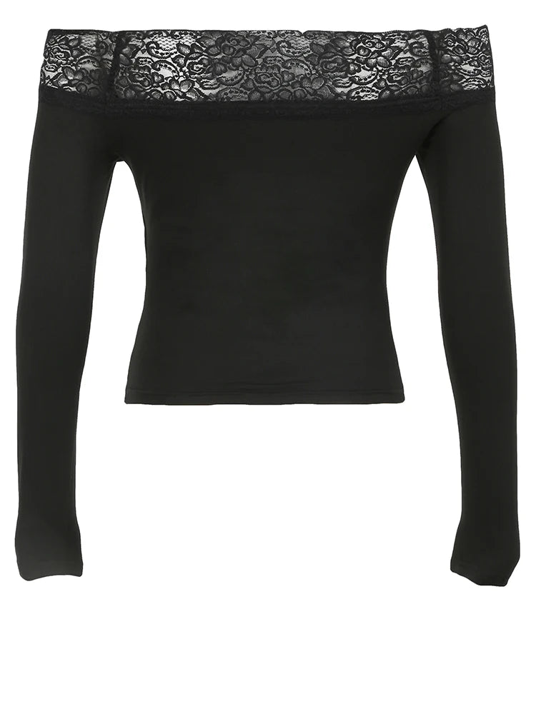 Dark Grunge Print Off Shoulder Long Sleeve Tees Lace Trim Slash Neck Skinny Y2K Black T Shirt Women