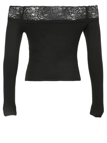 Dark Grunge Print Off Shoulder Long Sleeve Tees Lace Trim Slash Neck Skinny Y2K Black T Shirt Women