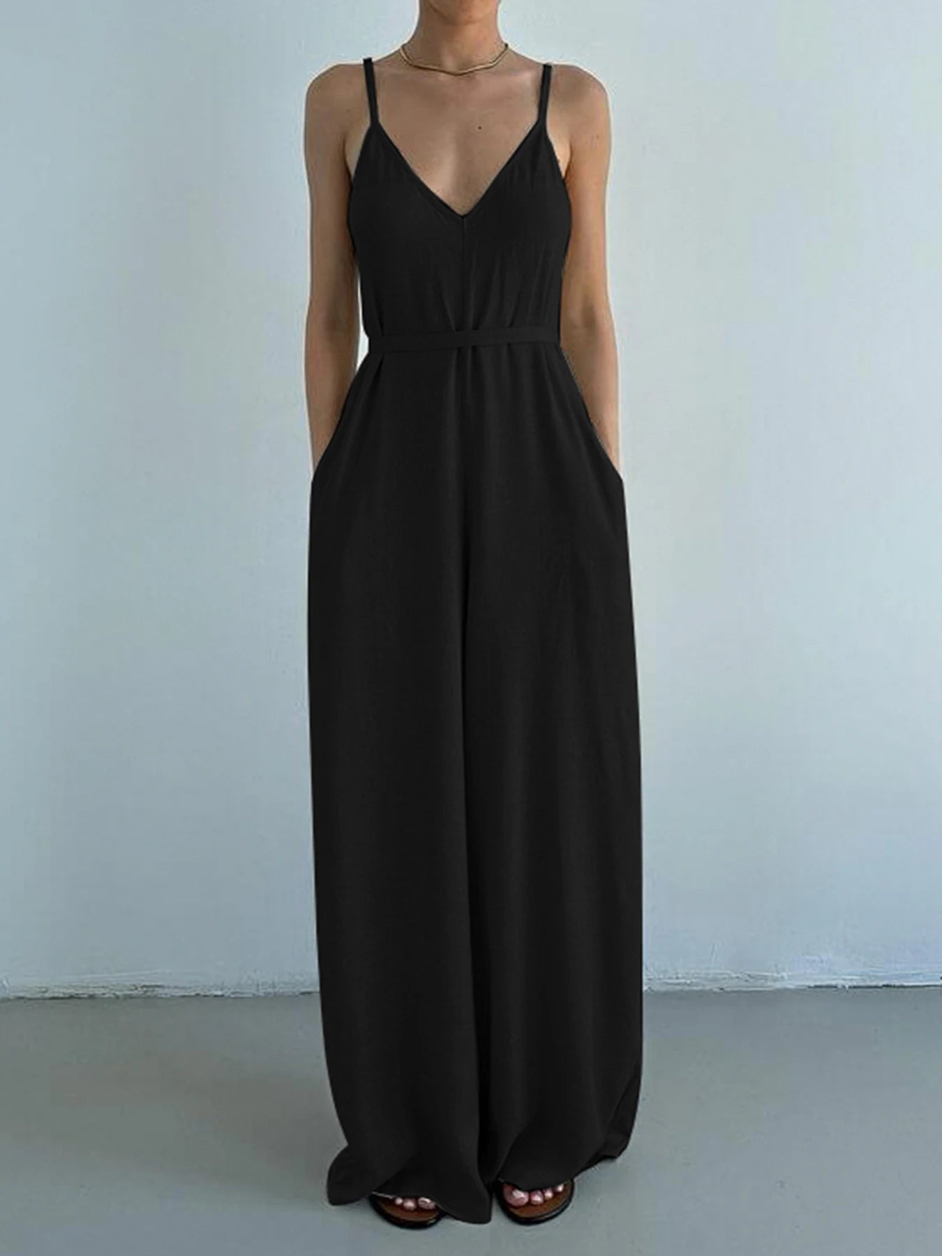 Sleeveless V Neck Loose Casual Black Boho Jumpsuits For Women Backless Vacation Wide Leg Rompers Womens Spaghetti Strap Overalls