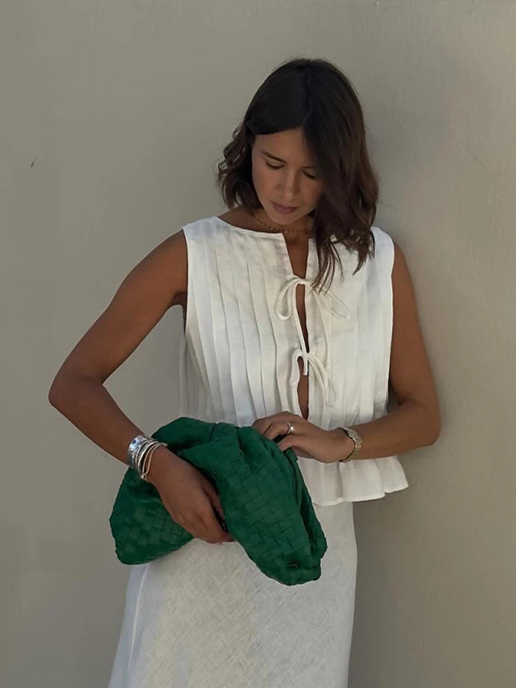 Elegant White Lace Up Tops For Women Pleated O-neck Sleeveless Ruffles Tank  Summer New Chic Lady Party Vacation Vest