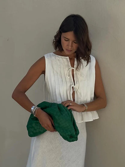 Elegant White Lace Up Tops For Women Pleated O-neck Sleeveless Ruffles Tank  Summer New Chic Lady Party Vacation Vest