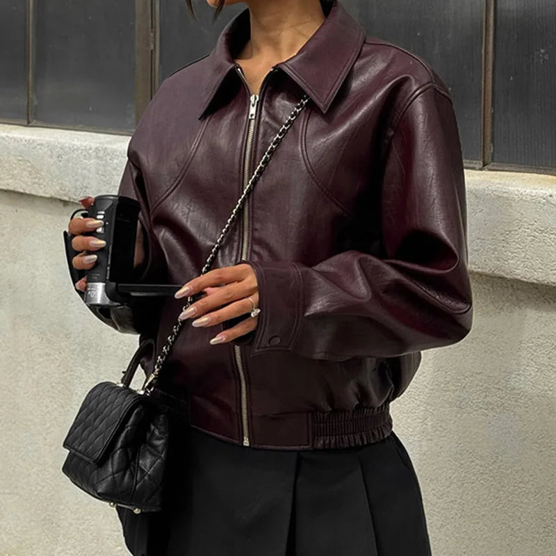 Solid Zipper Leather Jacket For Women Casual Turn-down Collar Long Sleeve Female Coat 2024 New Autumn Casual Ladies Outerwears