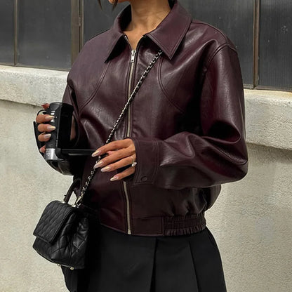 Solid Zipper Leather Jacket For Women Casual Turn-down Collar Long Sleeve Female Coat 2024 New Autumn Casual Ladies Outerwears
