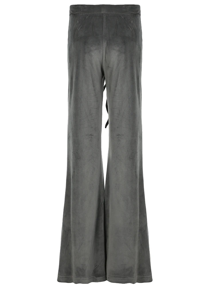 American Retro Y2K Low Waisted Velvet Flared Pants Women Drawstring Tie Waist Heart Rhinestone Cute Casual Streetwear Trousers