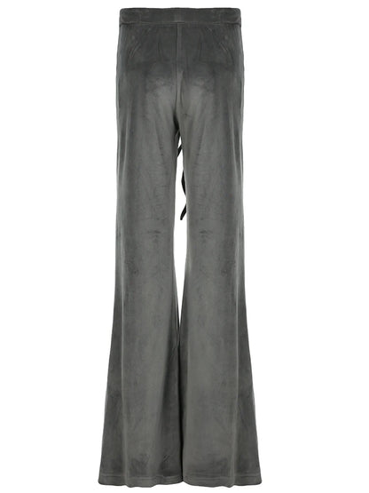 American Retro Y2K Low Waisted Velvet Flared Pants Women Drawstring Tie Waist Heart Rhinestone Cute Casual Streetwear Trousers