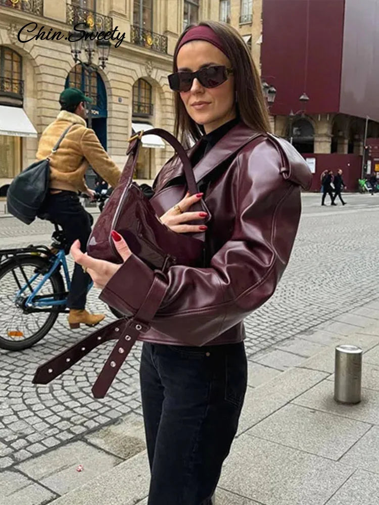Casual Leather Short Leather Jacket With Belt Lapel Long Sleeved Cropped Coat  New Fashion Lady Street Party New Outwears _