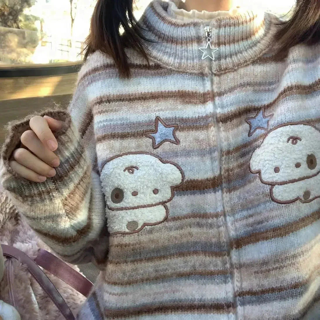 Y2k Aesthetic Japanese Knit Cardigan Kawaii Dog Embroidery Harajuku  Femme Striped Preppy Zipper y Womens