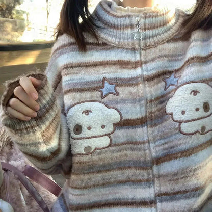 Y2k Aesthetic Japanese Knit Cardigan Kawaii Dog Embroidery Harajuku  Femme Striped Preppy Zipper y Womens