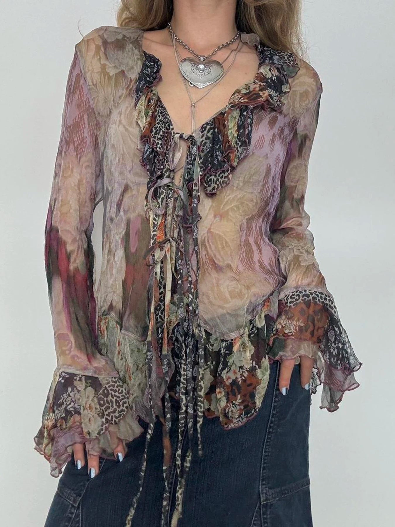Vintage Floral Print Ruffles Mesh Shirts Women See Through Sexy Ruffle Sleeve Open Stitch Lace-Up Aesthetic Clothes