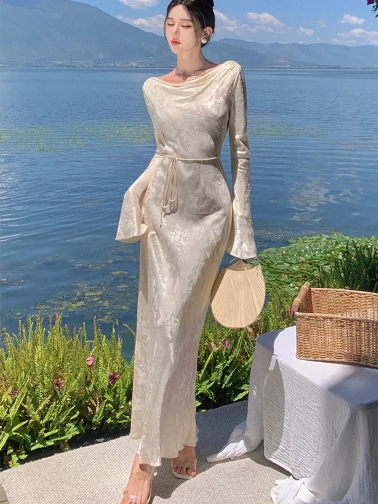 French Vintage Evening Dresses for Women Autumn Bodycon Wedding Prom Robe Flare Sleeve Swinging Collar Midi Vestidos Mujer New