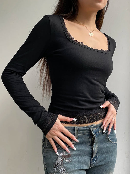 Lace Trim Square Collar Slim Long Sleeve Tee Black Solid Simple Basic Spring Autumn T Shirt Women Y2K Streetwear Tops