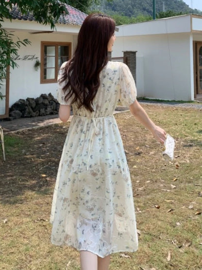 Summer New Chinese Style Midi Dresses for Women Floral Printed V-neck Puff Sleeve A-line Casual Elegant Dress One Piece Vestido