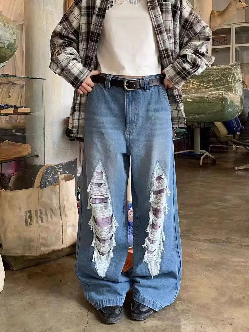 Jeans With Contrasting Plaid Holes And Splicing High-Waisted Women'S Summer American High Street Loose Slimming Wide-Leg Pants