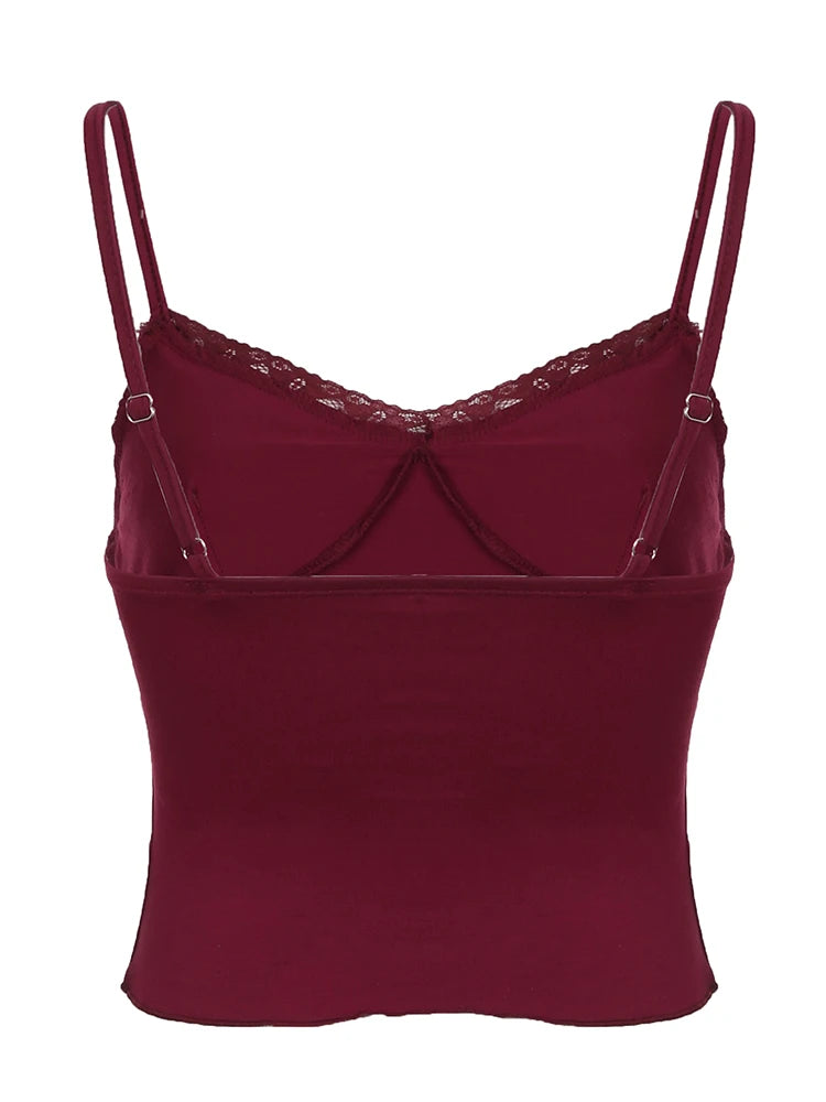 Christmas Red Vintage Elegant Camisole Lace Trim V Neck Tie Bow Sleeveless Slim Cute Crop Top Women Y2K Streetwear Clothes