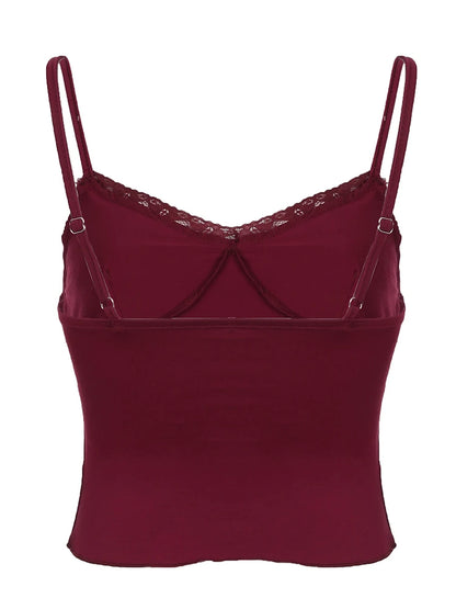 Christmas Red Vintage Elegant Camisole Lace Trim V Neck Tie Bow Sleeveless Slim Cute Crop Top Women Y2K Streetwear Clothes