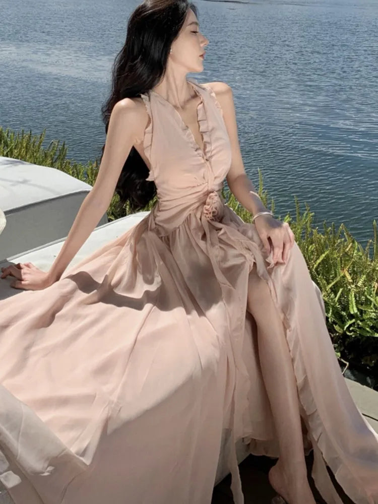 Summer New Ruffles A-line Long Dresses for Women Halter Backless Holiday Seaside Party Dress Korean Fashion One Piece Vestido