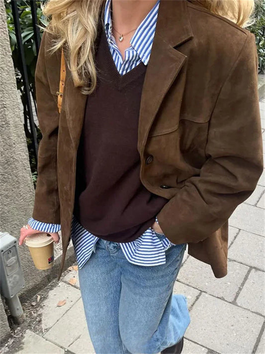 Vintage Fashion Pocket Jackets For Women Winter High Street Lapel Elegant Solid Commute Winter Outwear Ladies  Coat