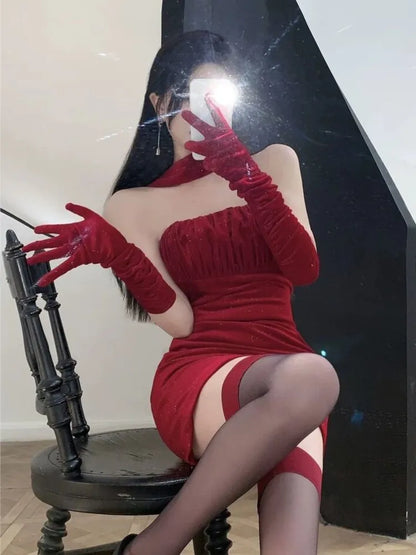 Sexy Bodycon Velvet Mini Dresses for Women Strapless Slim Waist Birthday Party Evening Dress Korean Fashion One Piece Vestidos