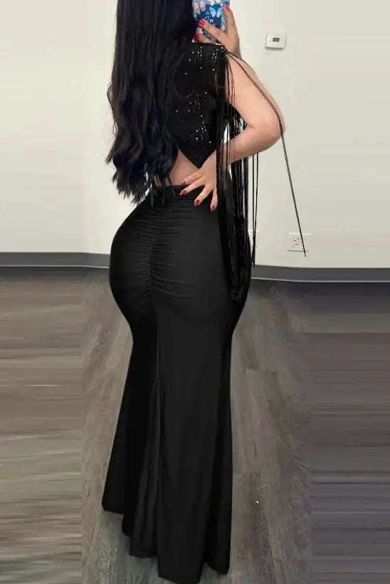 Sequin Slit Maxi Dress with Elegant Contrast