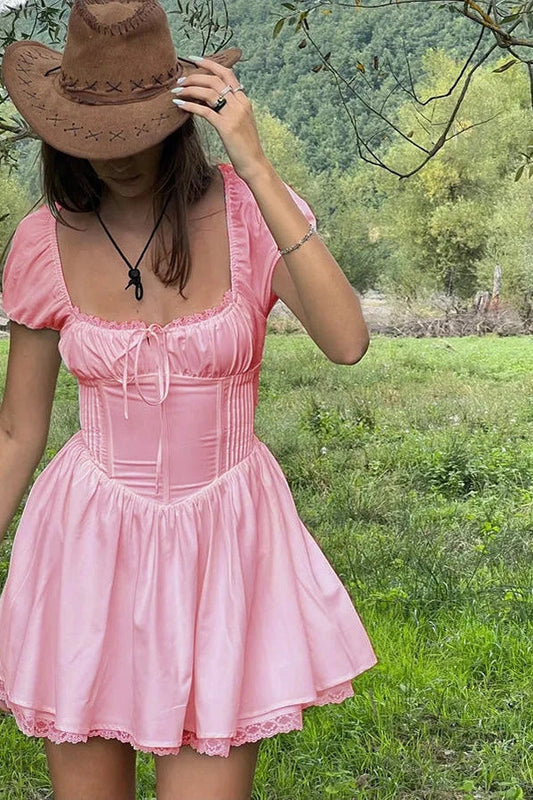 Puff Sleeve Lace Backless A-Line Mini Dress