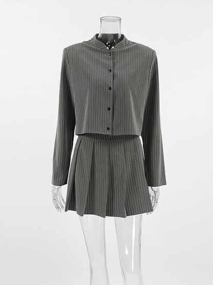 Striped Short Jackets Skirts Set Women Casual Long Sleeve Suit Coat Mini Skirt Sets Female Elegant Chic Gray Outfits Streetwear