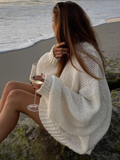 Casual Knitted Hollow Out O-neck Sweaters Women Loose Solid Long Sleeve Pullover Sweater Female Autumn Chic Elegant Street Tops