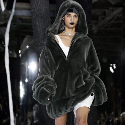 Fashion Runaway Luxury Brand Faux Fur Long Coat Women Big Pocket Warm Jacket Zip Hooded Fake Rabbit Fur Plush Overcoats