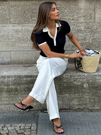 Knit Sweater Pullover Female V-Neck Fashion Ribbed Patchwork Short Sleeve Contrast Top Streetwear Women&#8217;s Knitwear Top New