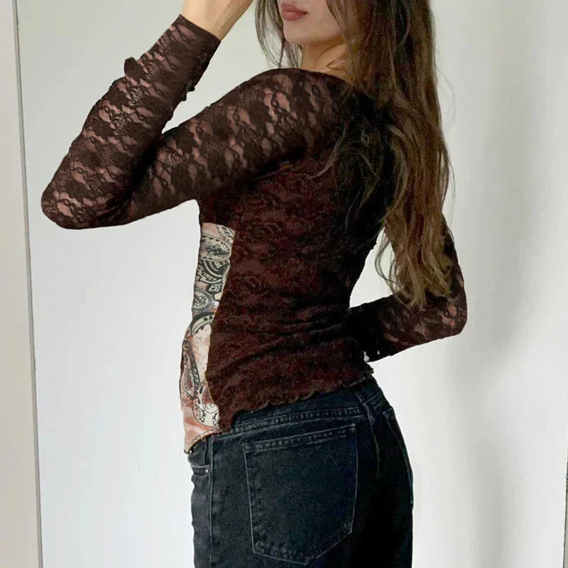 Brown Transparent Lace Sleeve Crop Top Grunge y2k Floral Print Square Collar T-shirt Retro Shirt Vintage 2000s Tees