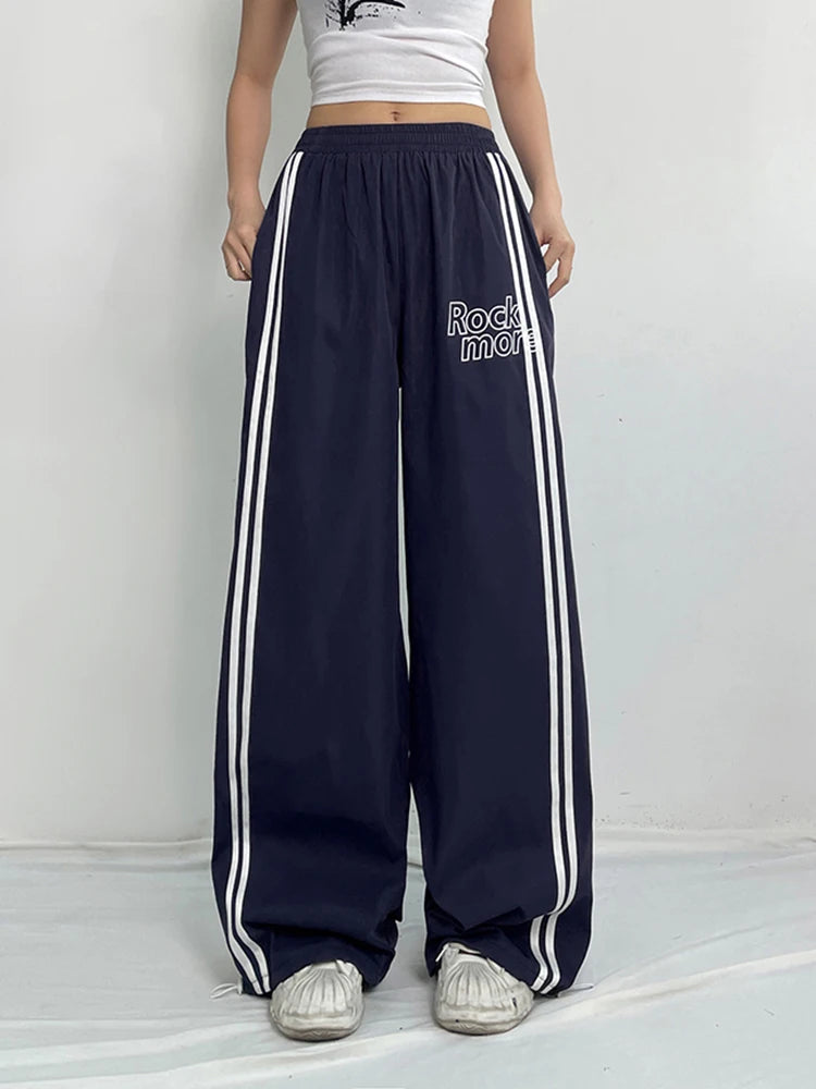 Side Stripe Elastic High Waist Loose Straight Leg Pants Women Letter Print Street Style Hippie Baggy Trousers Preppy Streetwear