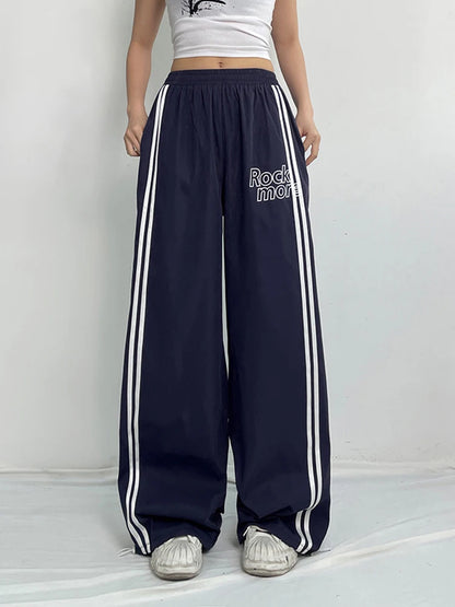 Side Stripe Elastic High Waist Loose Straight Leg Pants Women Letter Print Street Style Hippie Baggy Trousers Preppy Streetwear