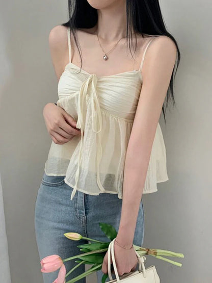 Fairycore Sweet Solid Shirring Camisole Women Summer Vacation Korean Clothing Crop Top