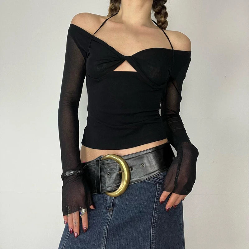Stylish Cut Out Front Black Sexy Top for Women Mesh Long Sleeve V-neck Halter T-shirt Autumn Vintage Fitted Tees
