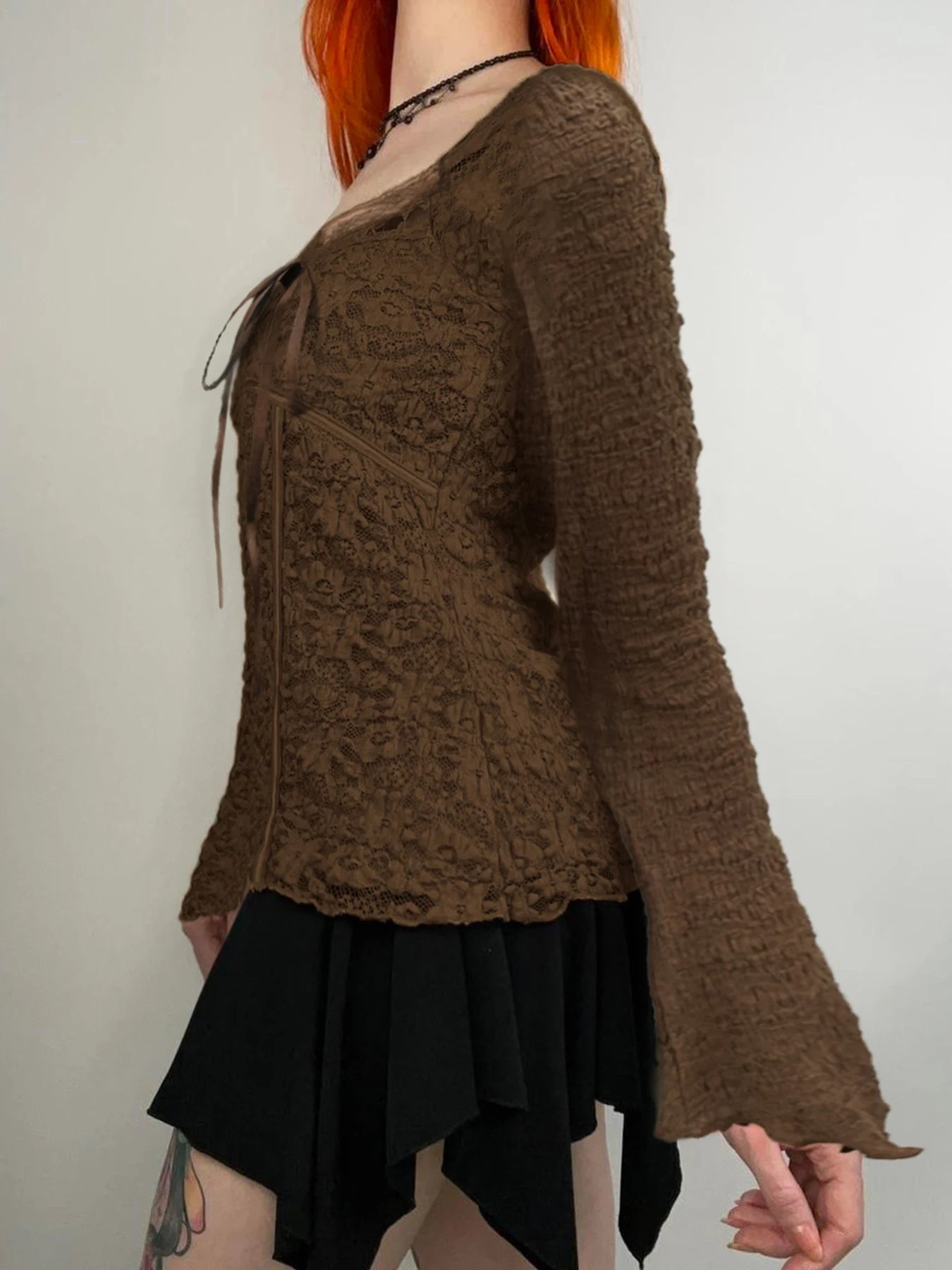 Hotsweet Lace Trim V-Neck Brown Long Sleeve Blouses Bow Lace Up Flared Sleeve Slim Chic Y2k Autumn New T-Shirt