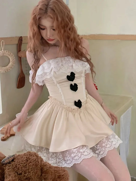 Y2K Lace Patchwork Princess Birthday Party Dress Ruffles A-line Spaghetti Strap Short Dresses for Women One Piece Prom Vestido