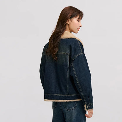 Denim Jacket Women Patchwork Imitation Rabbit Fur Lapel Loose  New Winter Quilted Jacket