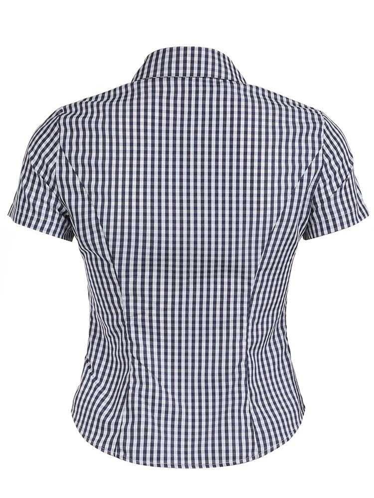American Retro Casual Short Sleeve Plaid Shirts For Women Button Up Turn Down Collar Summer Spring Preppy Tops