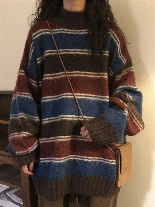 Voguable  Harajuku Y2K Striped Sweater Streetwear Retro Oversize Knitted Pullover Loose Korean Casual All Match Vintage Tops